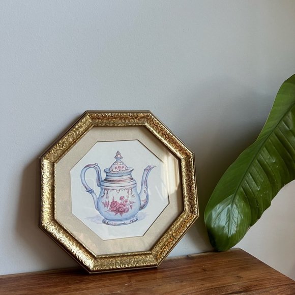 Vintage Pink Teapot Metallic Octagon Framed Print - Picture 1 of 5